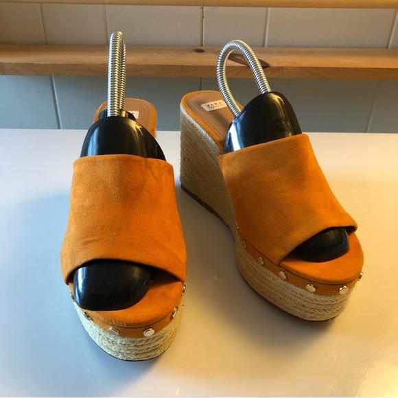 * ZARA Orange Faux Suede Espadrille Wedge Platform Women’s Size 39 Sandals - Picture 2 of 15